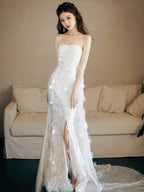 Strapless A-Line White Sequin Prom Dresses Long Prom Dresses
