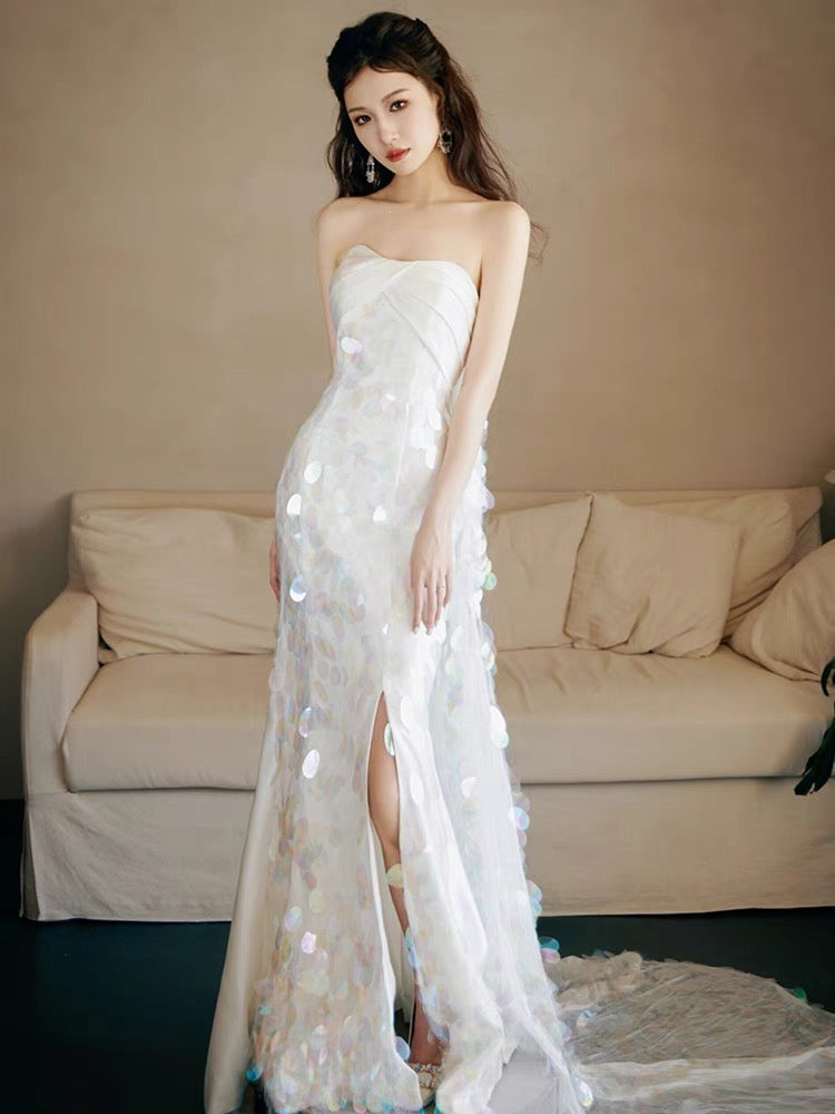 Strapless A-Line White Sequin Prom Dresses Long Prom Dresses