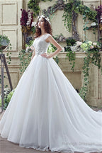 Strapless Appliques Lace Train Wedding Dresses With Crystals