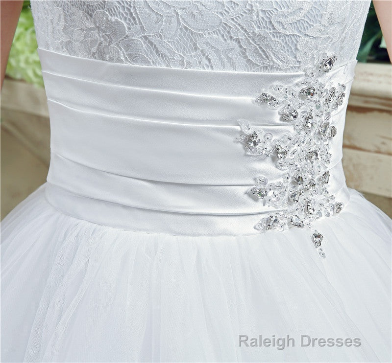 Strapless Appliques Lace Train Wedding Dresses With Crystals
