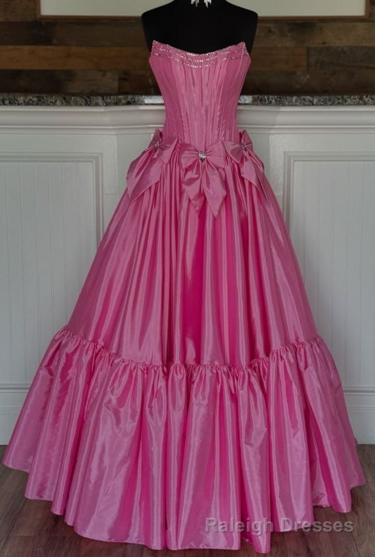Strapless Ball Gown Long Prom Dress with Beading and Bow