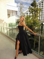 Strapless Black A-Line Prom Dress Long With Slit
