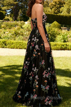 Strapless Black Floral A Line Long Prom Dress