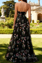 Strapless Black Floral A Line Long Prom Dress