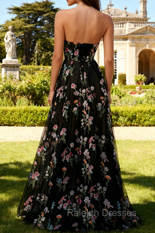 Strapless Black Floral A Line Long Prom Dress
