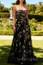 Strapless Black Floral A Line Long Prom Dress