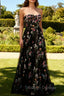 Strapless Black Floral A Line Long Prom Dress