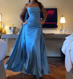 Strapless Blue A-Line Satin Prom Dresses Long Prom Dresses