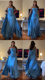 Strapless Blue A-Line Satin Prom Dresses Long Prom Dresses