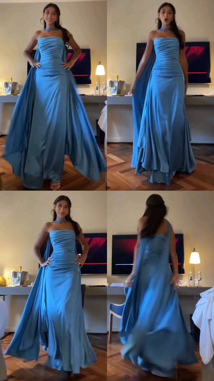 Strapless Blue A-Line Satin Prom Dresses Long Prom Dresses