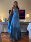 Strapless Blue A-Line Satin Prom Dresses Long Prom Dresses