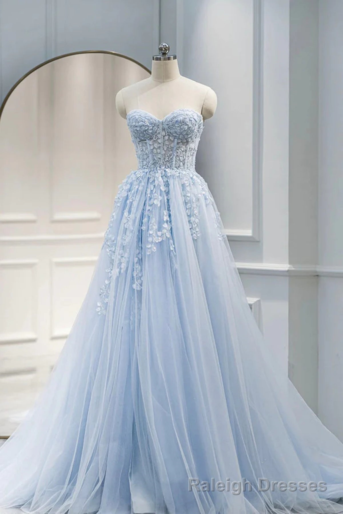 Strapless Blue Lace Prom Dresses, Strapless Blue Lace Long Formal Prom Dresses