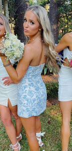 Strapless Blue Sheath Homecoming Dresses Short Prom Dresses