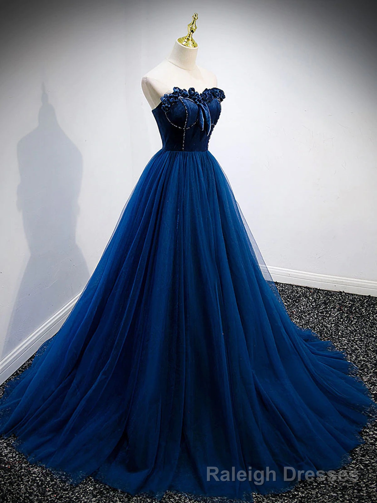 Strapless Blue Velvet Long Prom Dresses, Blue Velvet Long Formal Graduation Dresses Secondary image