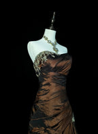 Strapless Brown Vintage Prom Dress Sleeveless Long Prom Gown