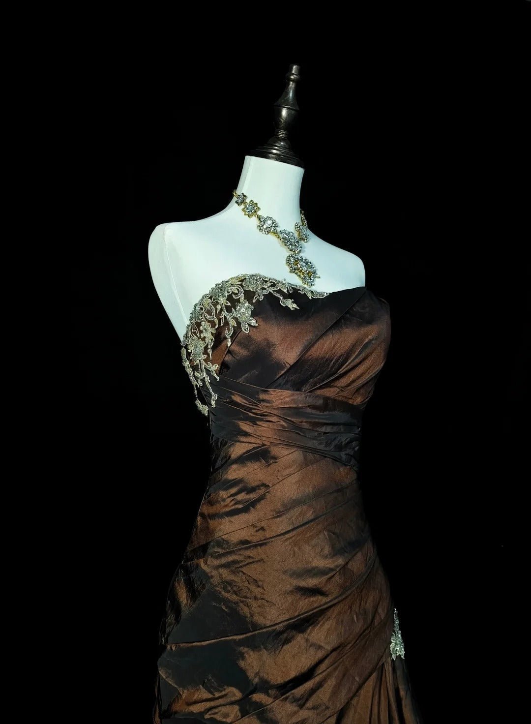 Strapless Brown Vintage Prom Dress Sleeveless Long Prom Gown