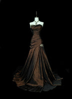 Strapless Brown Vintage Prom Dress Sleeveless Long Prom Gown