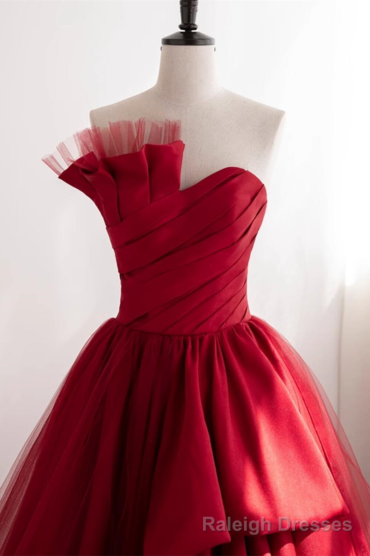 Strapless Burgundy Tulle Satin Long Prom Dresses, Wine Red Long Fomal Gowns Secondary image