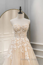 Strapless Champagne Lace Tulle Long Prom Dresses Champagne Lace Prom Dresses