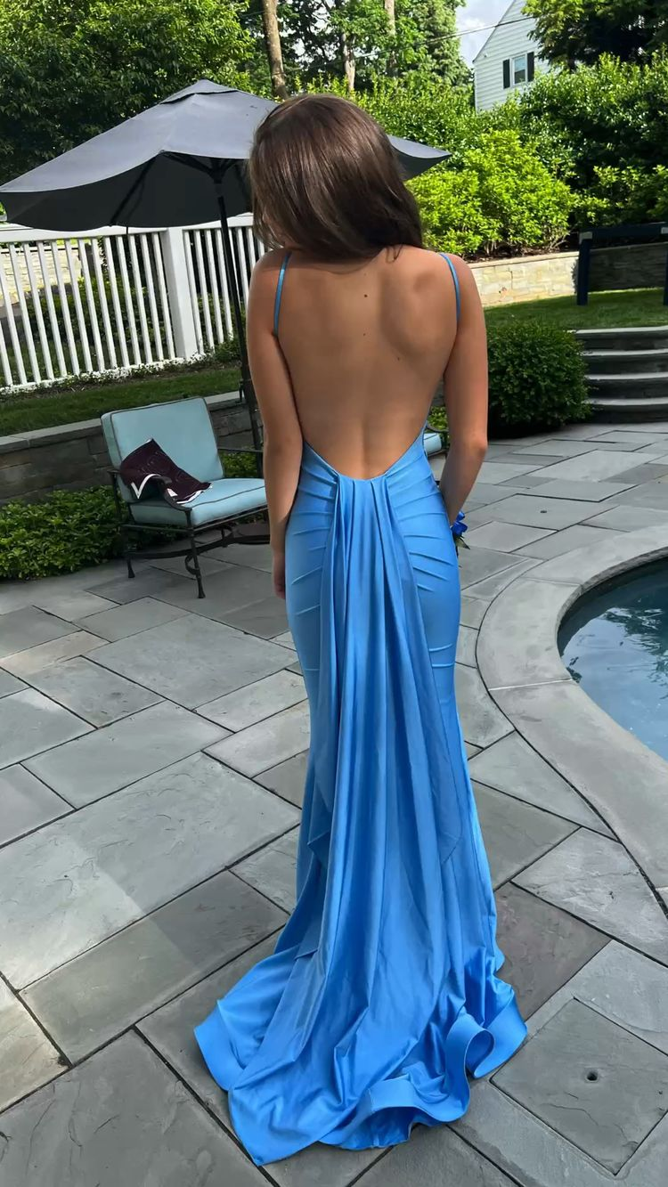 Blue Mermaid Prom Dress Open Back Long Prom Dresses