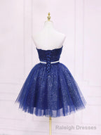 Strapless Dark Blue Short Prom Dresses, Short Dark Blue Graduation Homecoming Dresses