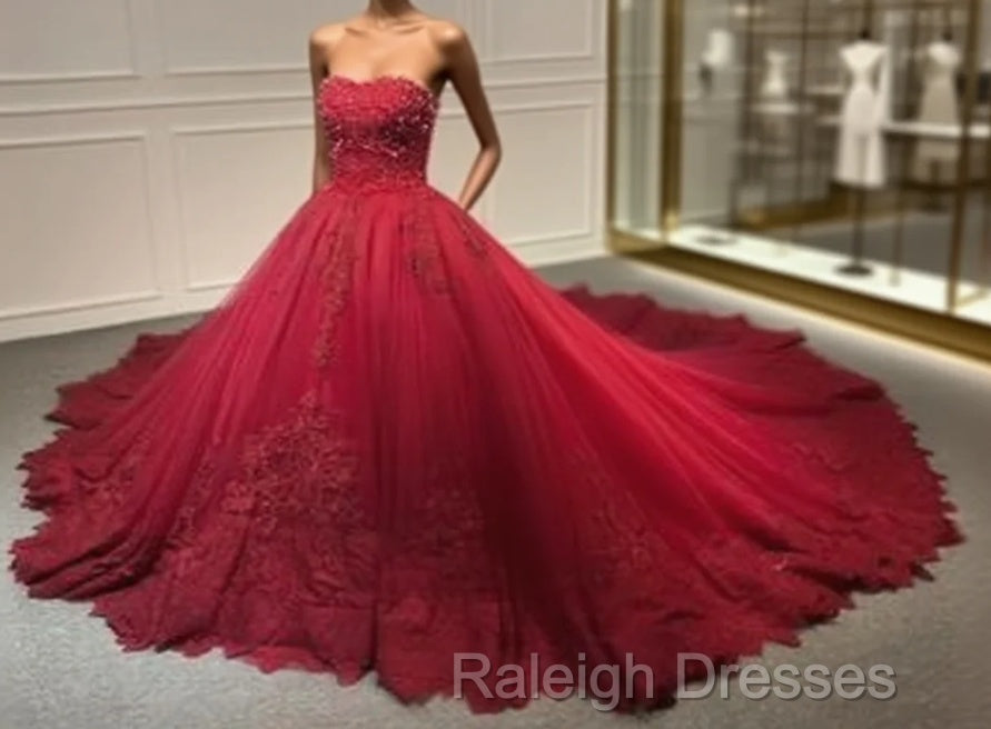 Strapless Dark Red Ball Gown Lace Appliques Pearls Crystals Sequins Beaded Wedding Dresses Prom Dress Main image