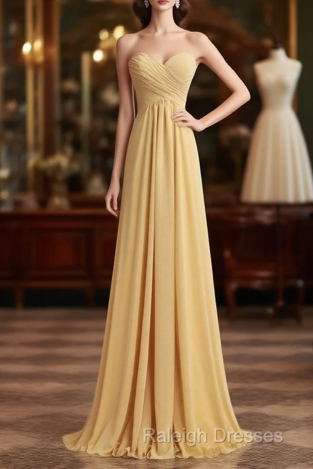 Strapless Gold High Waist Chiffon Long Bridesmaid Dresses Main image
