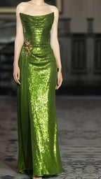 Strapless Green Sequin Prom Dress With Split,
