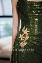 Strapless Green Sequin Prom Dress With Split,