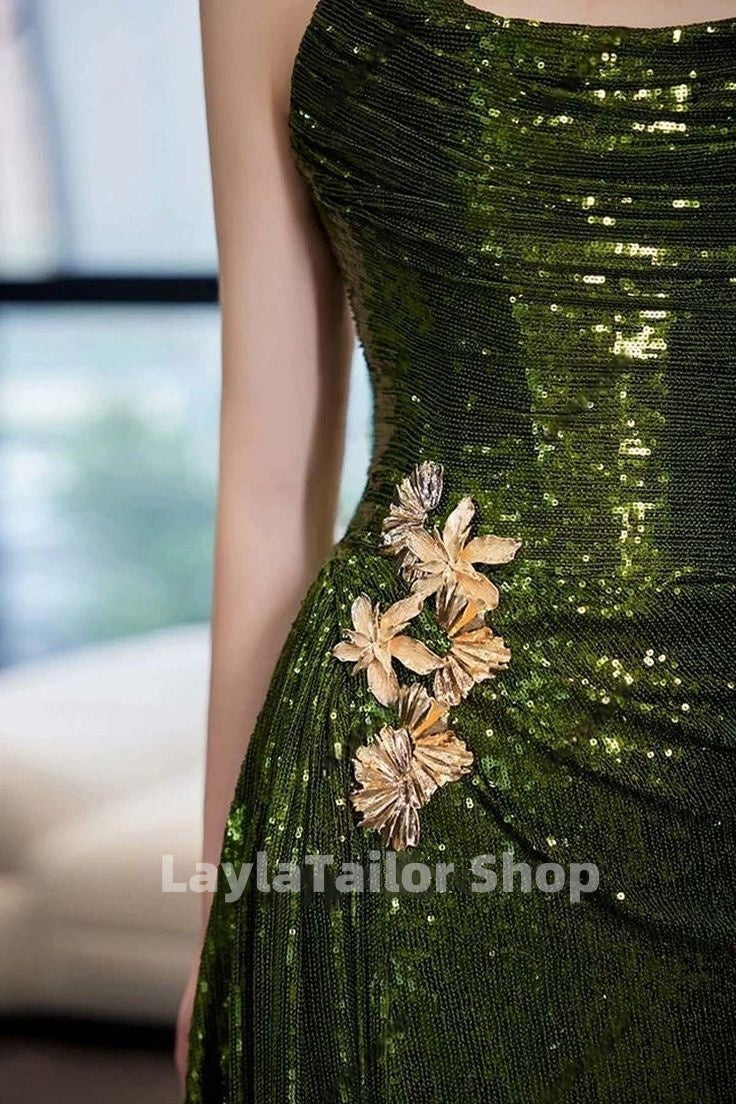 Strapless Green Sequin Prom Dresses With Split