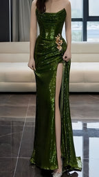 Strapless Green Sequin Prom Dress With Split,