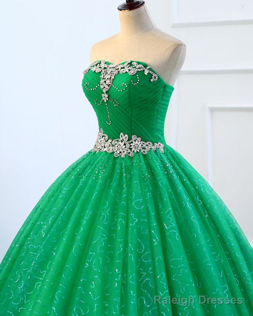 Strapless Green Sequins Tulle Long A Line Beaded Prom Dress, Formal Dress
