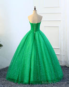 Strapless Green Sequins Tulle Long A Line Beaded Prom Dress, Formal Dress