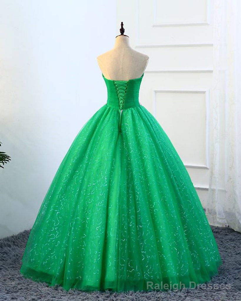 Strapless Green Sequins Tulle Long A Line Beaded Prom Dress, Formal Dress