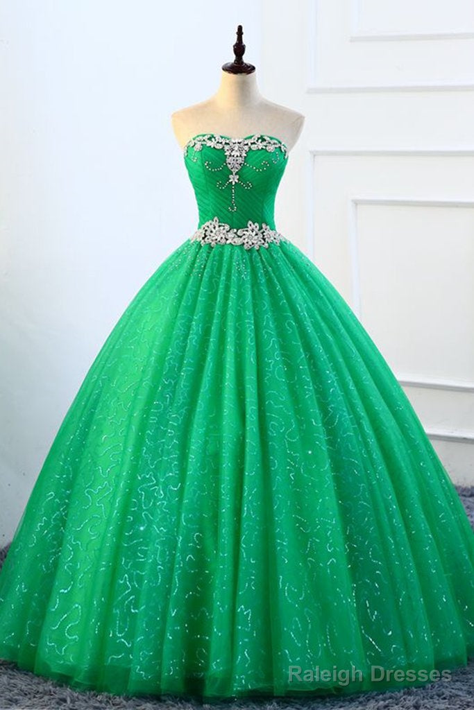 Strapless Green Sequins Tulle Long A Line Beaded Prom Dress, Formal Dress Main image