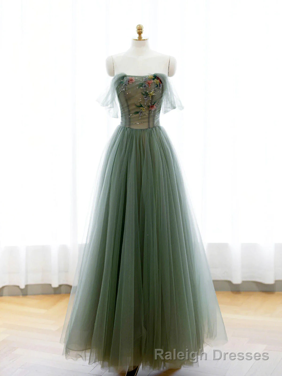 Strapless Green Tulle Floral Long Prom Dresses, Green Tulle Floral Formal Evening Dresses Main image