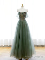 Strapless Green Tulle Floral Long Prom Dresses, Green Tulle Floral Formal Evening Dresses