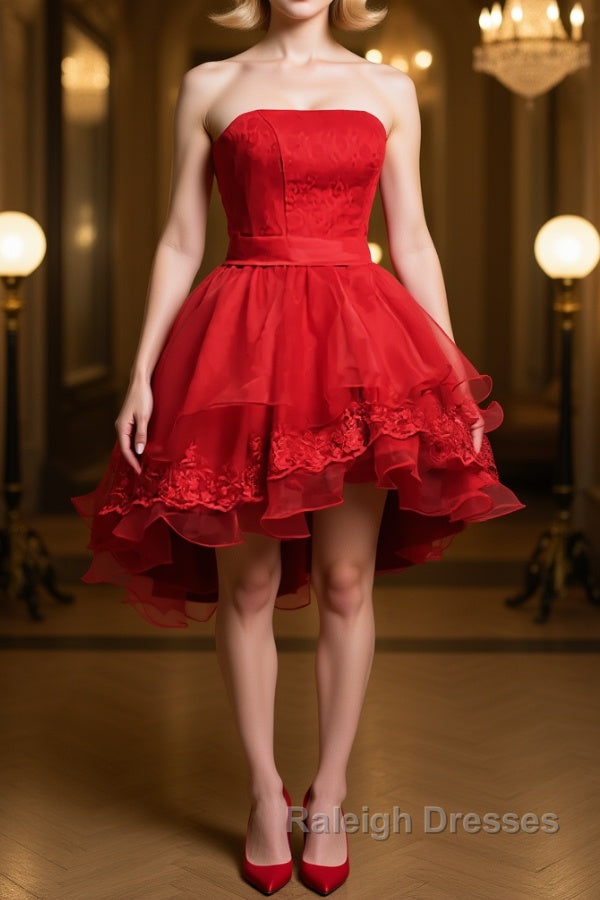 Strapless High Low Red Lace Prom Dress, High Low Red Homecoming Dress, Short Red Lace Formal Graduation Evening Dress Main image