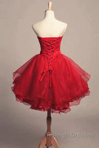 Strapless High Low Red Lace Prom Dresses High Low Red Homecoming Dresses Short Red Lace Prom Graduation Prom Dresses