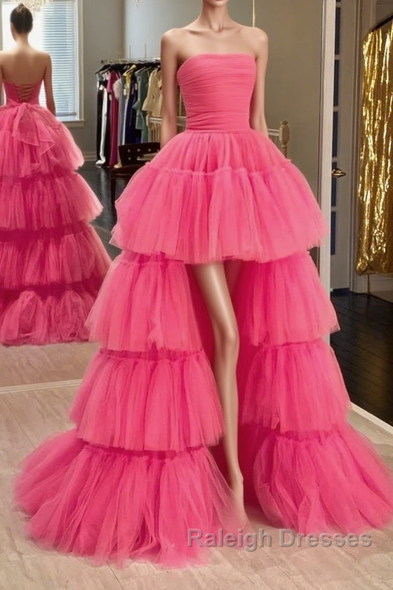 Strapless Hot Pink High Low Prom Dresses, Hot Pink High Low Formal Homecoming Dresses Main image