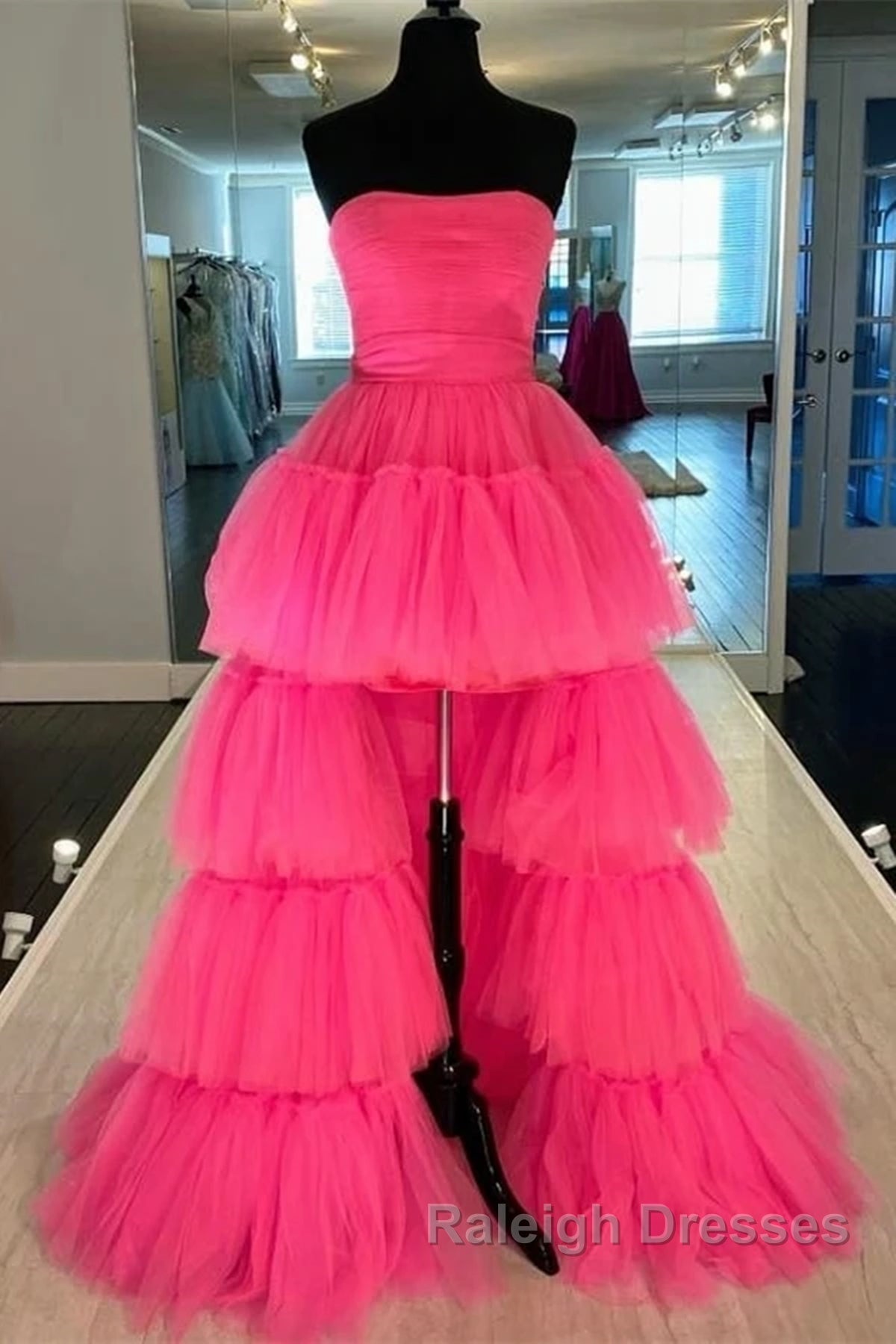 Strapless Hot Pink High Low Prom Dresses, Hot Pink High Low Formal Homecoming Dresses Secondary image