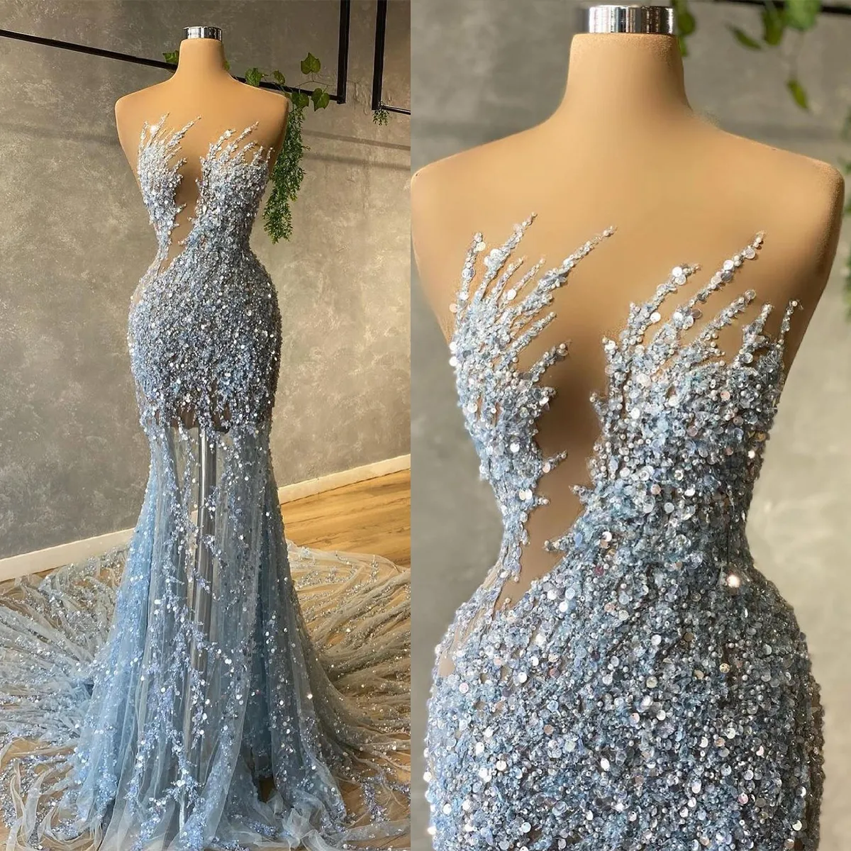Strapless Hot Sequin Sparkle Beaded Column Court Train Prom Dresses Secondary image