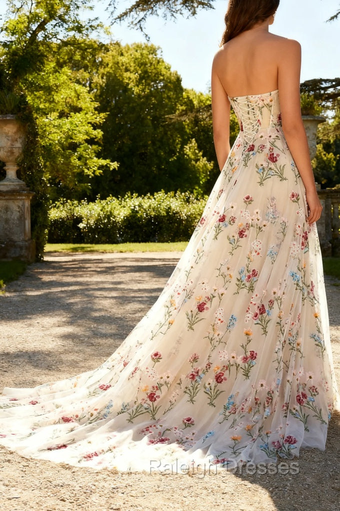 Strapless Ivory Floral A Line Long Prom Dress