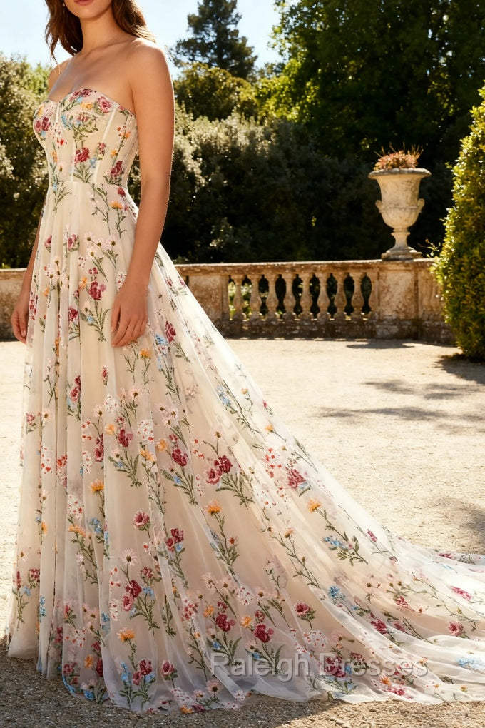 Strapless Ivory Floral A Line Long Prom Dress