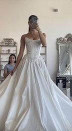 Strapless Lace Satin White Vintage Wedding Dresses