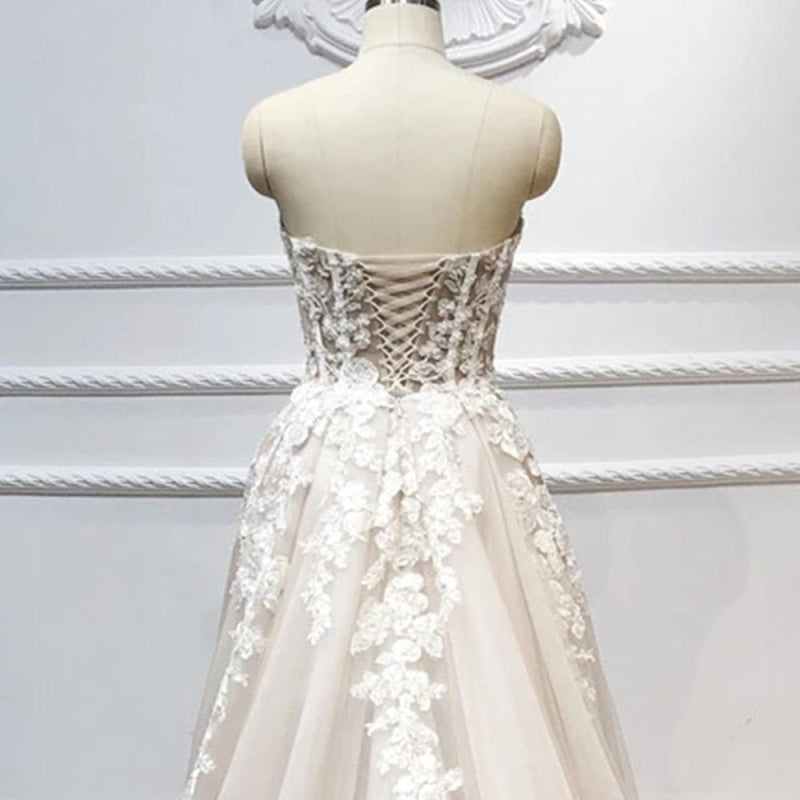 Strapless Lace-up Beaded Appliques A-line Wedding Dress