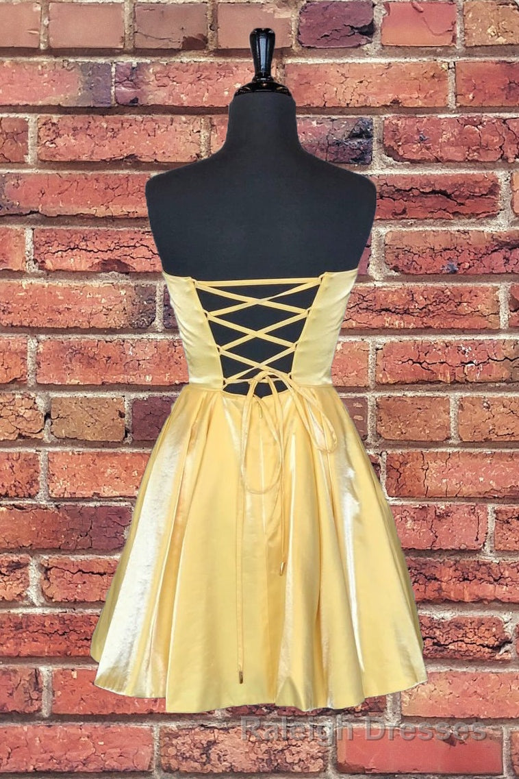 Strapless Lace-Up Yellow Satin Homecoming Dresses Short Cocktail Dress Secondary image