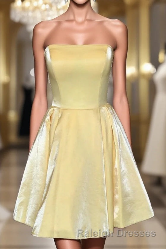 Strapless Lace-Up Yellow Satin Homecoming Dress,Short Cocktail Dresses Main image