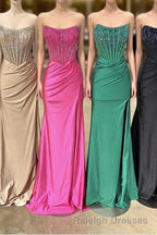 Strapless Mermaid Beaded Long Prom Dress With Slit