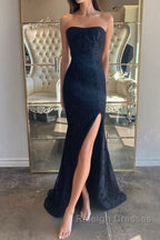 Strapless Mermaid Dark Blue Lace Long Prom Dresses, Mermaid Dark Blue Lace Formal Dresses, Dark Blue Lace Evening Dresses